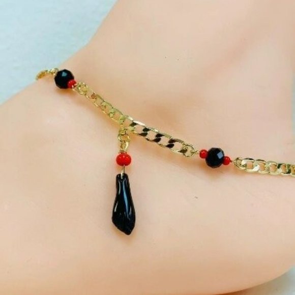 14K Gold Fill Cuban Link Anklet Bracelet Azabache Jewelry Foot Bracelet 10" Luck - Picture 4 of 6